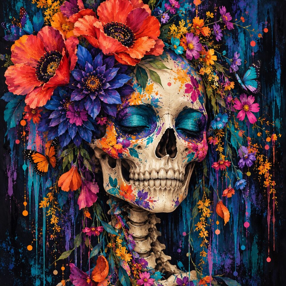 8x8 Framed Colorful Skull with Flowers and Butterflies Wall Art Print